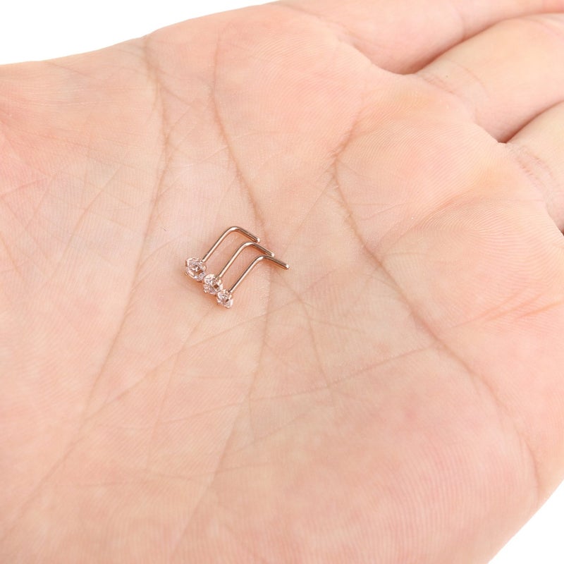 VELCARE 3 Pcs Stainless Steel Nose Rings Studs 20 Gauge L Shaped Curved Nose Piercing Jewelry 2mm 2.5mm 3mm Diamond CZ Nose Stud L Bend for Women Piercing - Rose Gold - Image 3